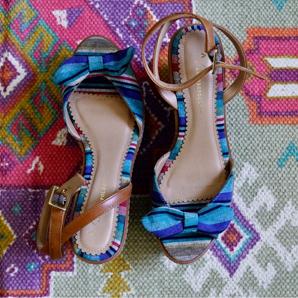 Anthropologie Brand Woven Wedge Sandals with blue bow